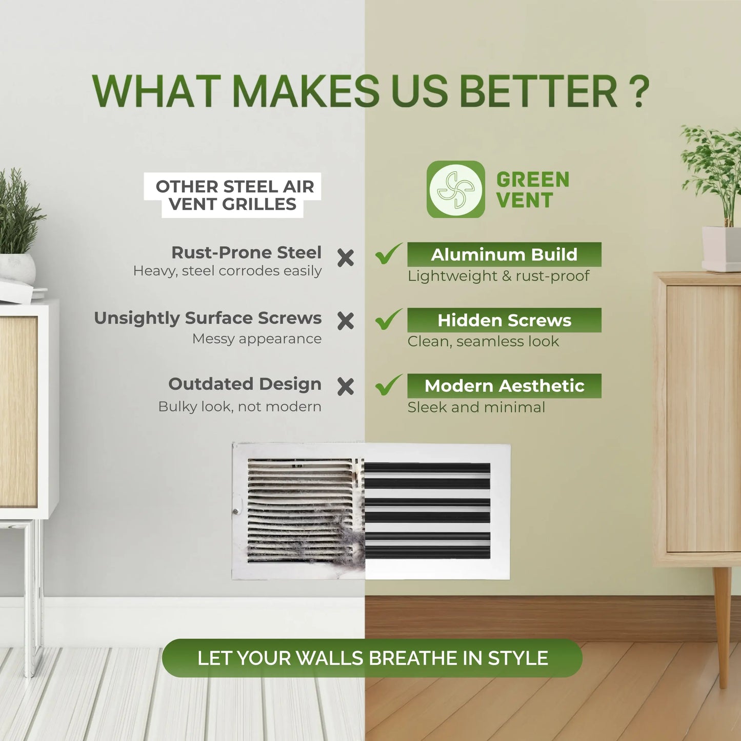 Comparison of other steel air vent grilles with aluminum linear slot diffuser 14x6 Green Vent's aluminum build, hidden screws, and modern aesthetic.