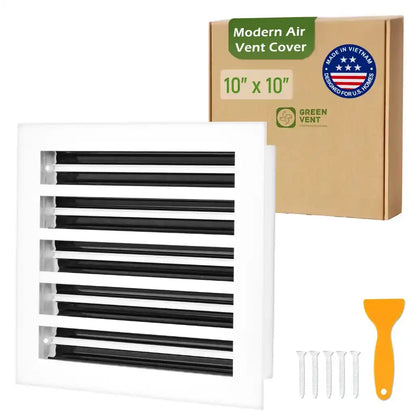 aluminum white linear slot diffuser 10x10 with packaging labeled 'Modern Air Vent Cover' on a white background