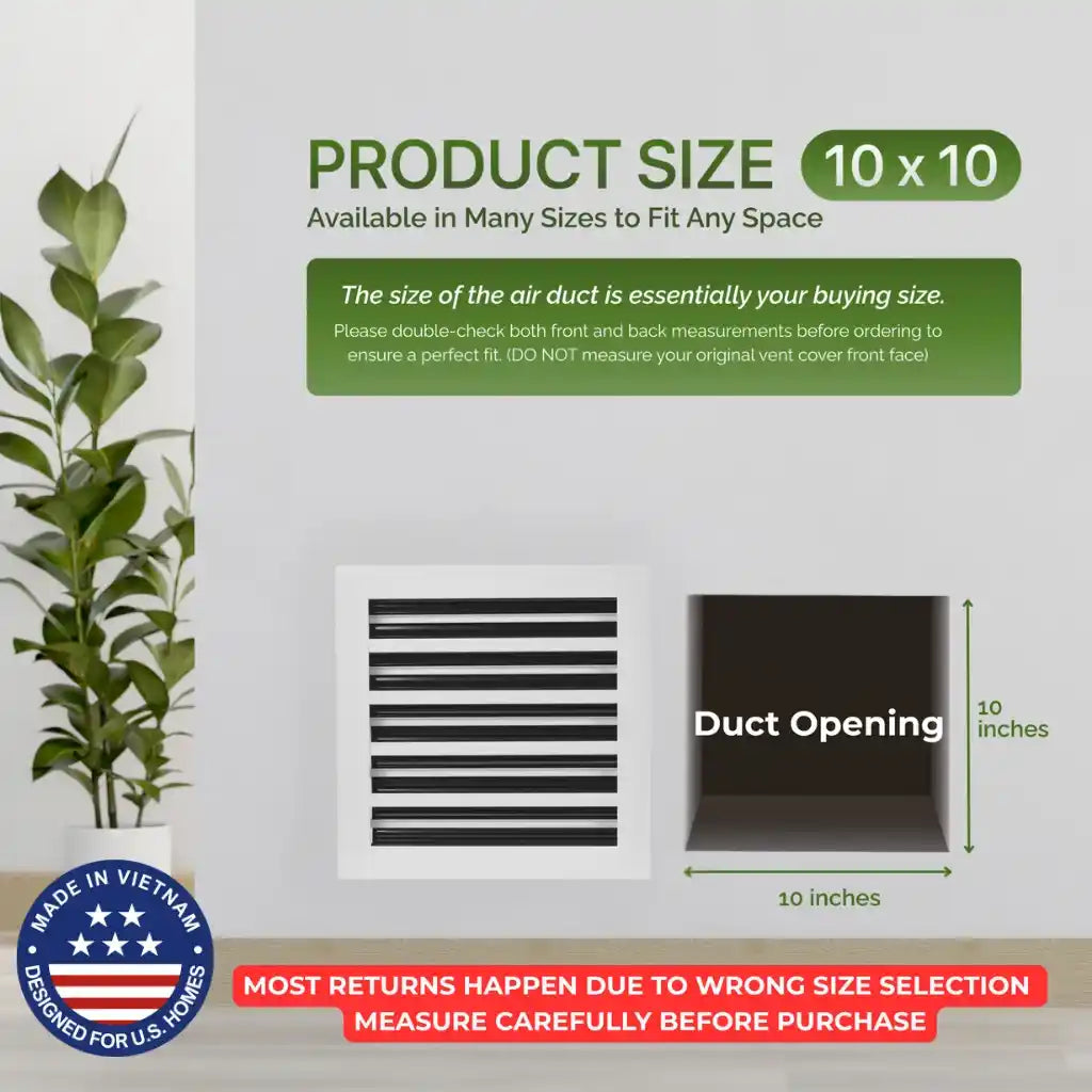 air duct with dimensions and aluminum white linear slot diffuser 10x10 size information on a light gray background