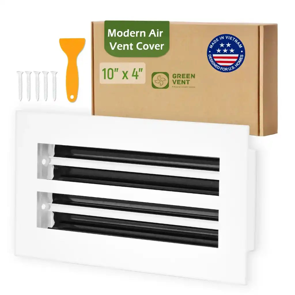 aluminum white linear slot diffuser 10x4 with packaging labeled 'Modern Air Vent Cover' on a white background