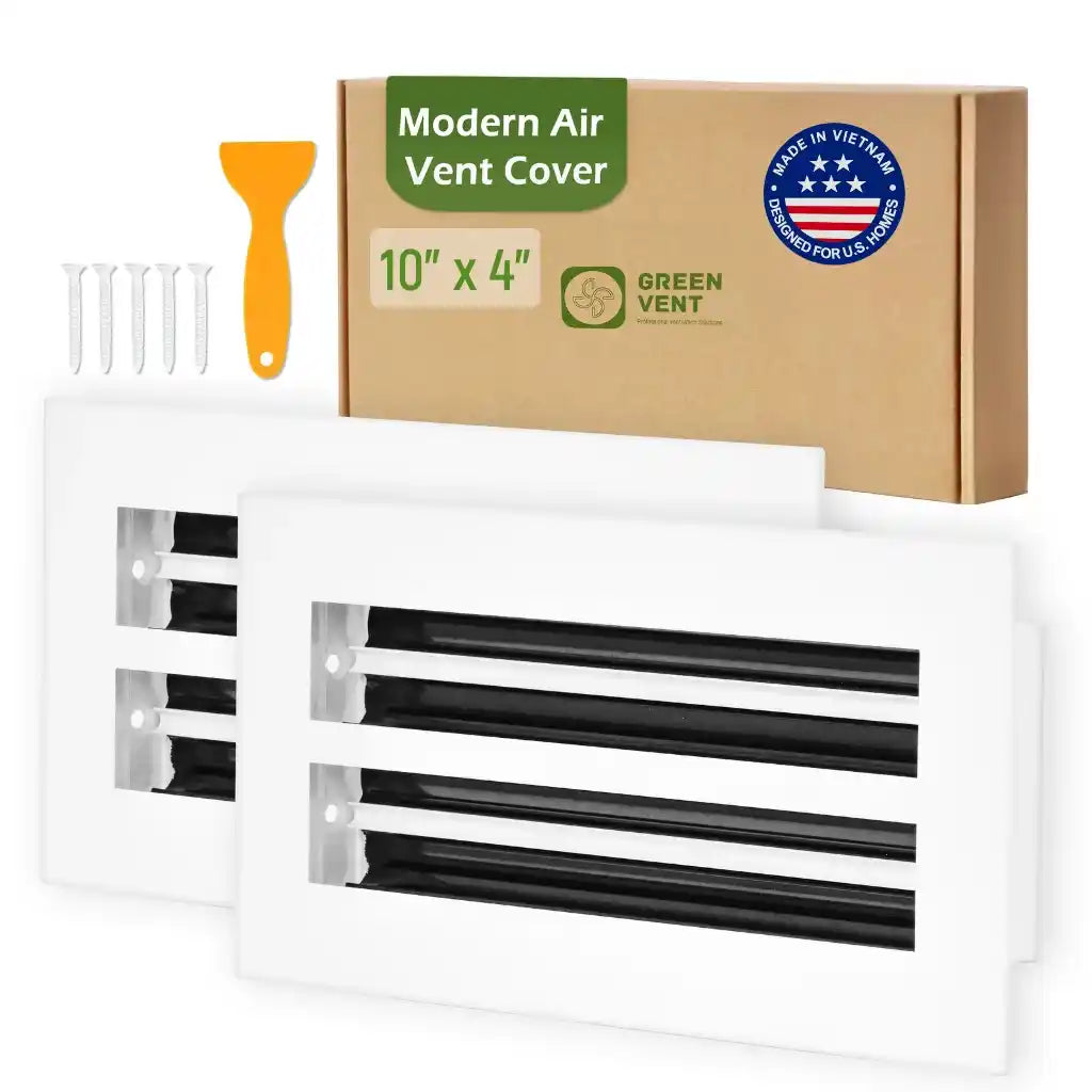 aluminum white linear slot diffuser 10x4  pack 2 with packaging labeled 'Modern Air Vent Cover' on a white background