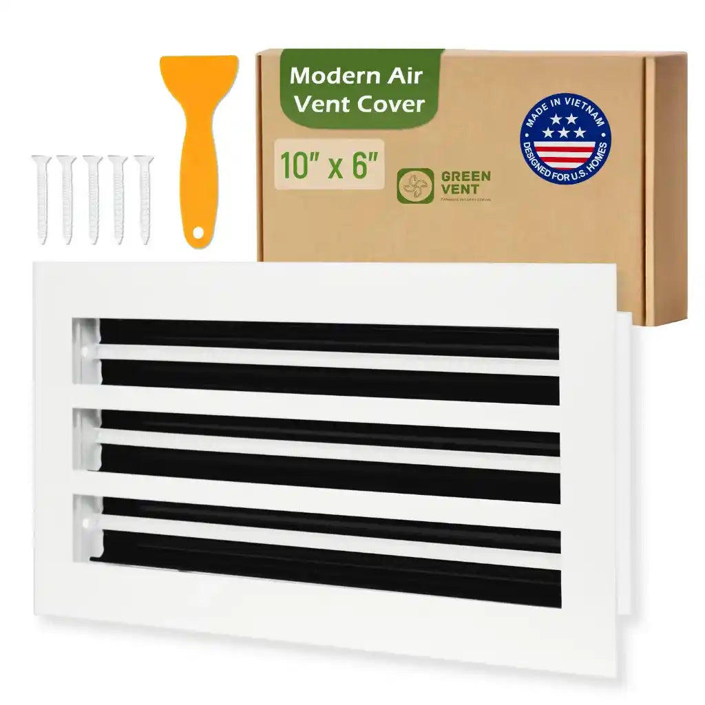 aluminum white linear slot diffuser 10x6 with packaging labeled 'Modern Air Vent Cover' on a white background