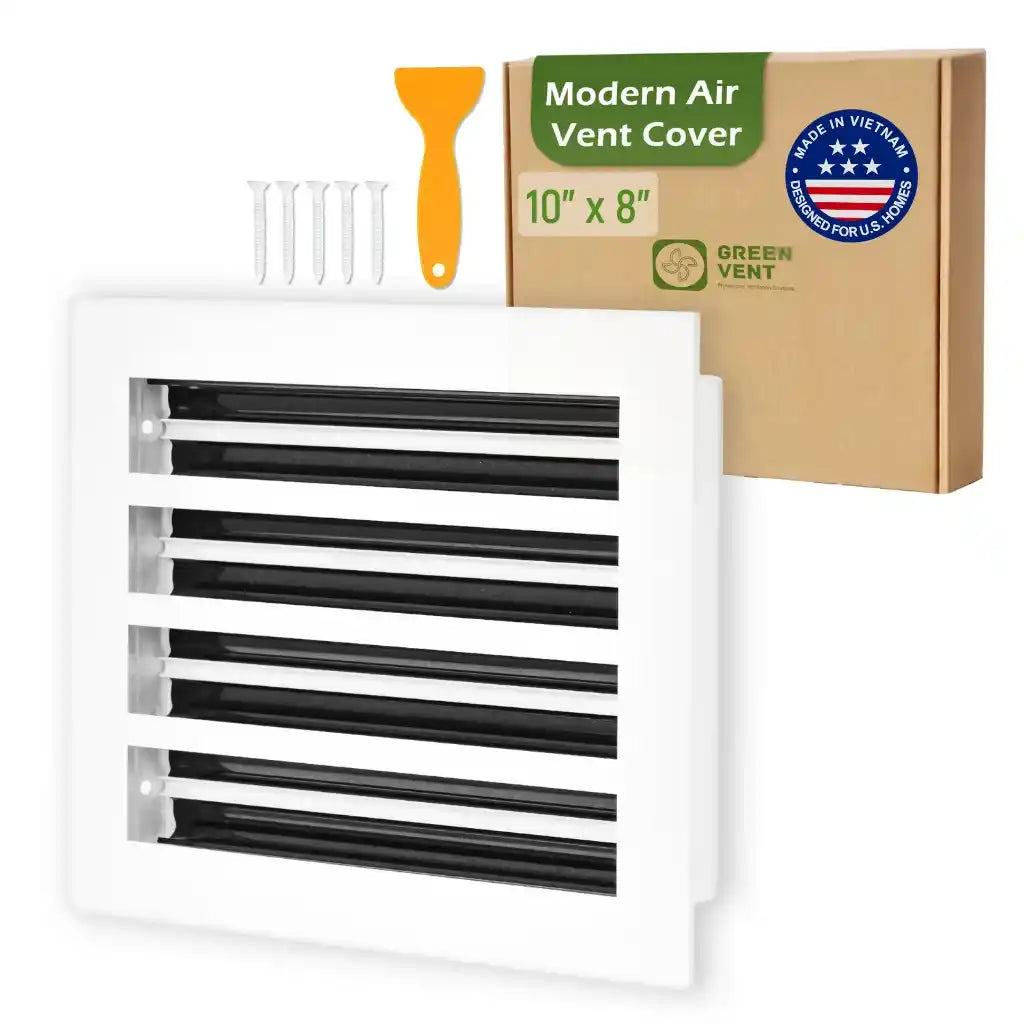 aluminum white linear slot diffuser 10x8 with packaging labeled 'Modern Air Vent Cover' on a white background