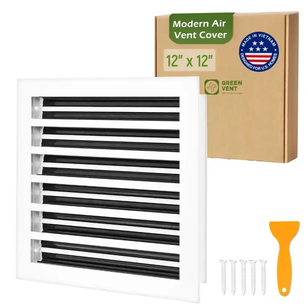 aluminum white linear slot diffuser 12x12 with packaging labeled 'Modern Air Vent Cover' on a white background
