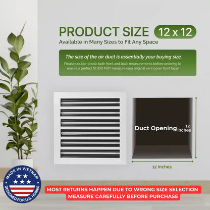 air duct with dimensions and aluminum white linear slot diffuser 12x12 size information on a light gray background