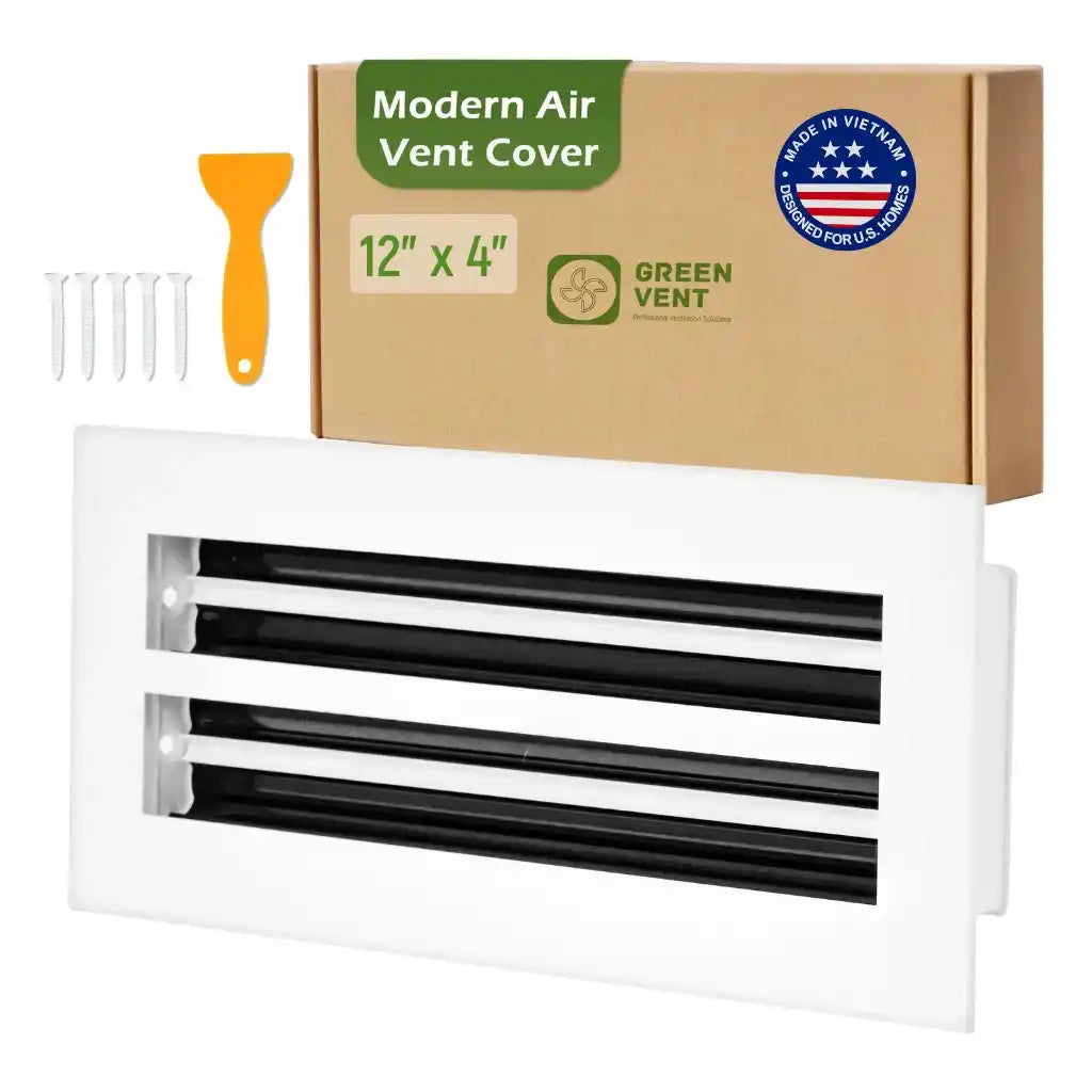 aluminum white linear slot diffuser 12x4 with packaging labeled 'Modern Air Vent Cover' on a white background