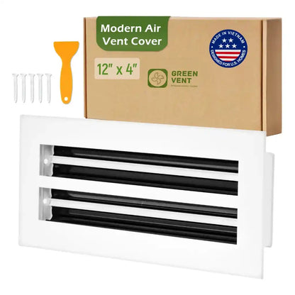 aluminum white linear slot diffuser 12x4 with packaging labeled 'Modern Air Vent Cover' on a white background