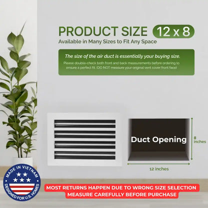 air duct with dimensions and aluminum white linear slot diffuser 12x8 size information on a light gray background