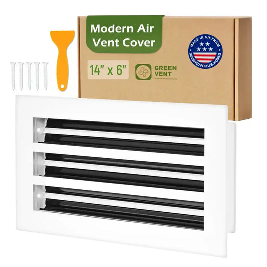 aluminum white linear slot diffuser 14x6 with packaging labeled 'Modern Air Vent Cover' on a white background