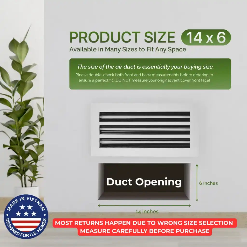 air duct with dimensions and aluminum white linear slot diffuser 14x6 size information on a light gray background