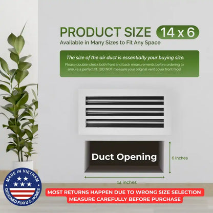 air duct with dimensions and aluminum white linear slot diffuser 14x6 size information on a light gray background