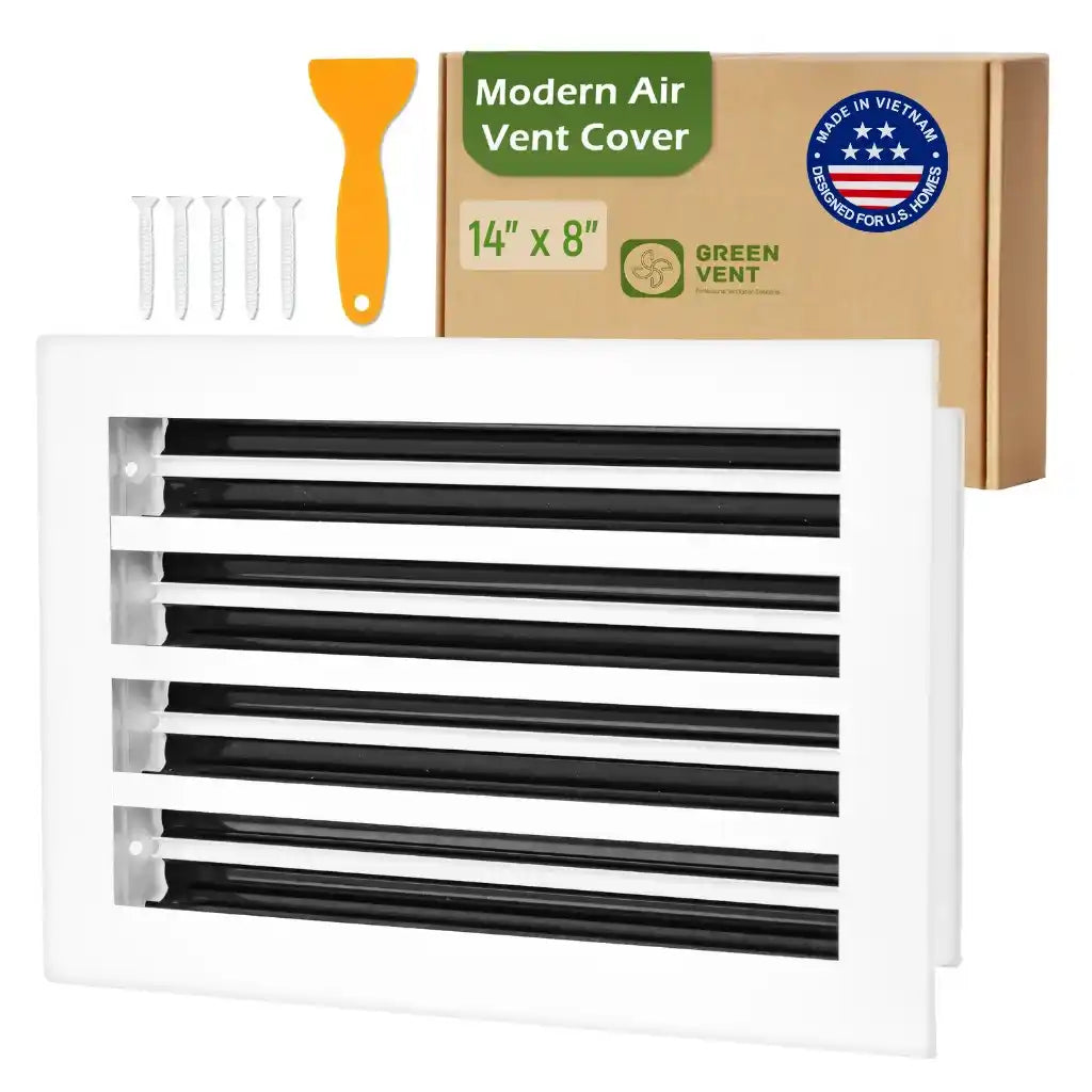aluminum white linear slot diffuser 14x8 with packaging labeled 'Modern Air Vent Cover' on a white background