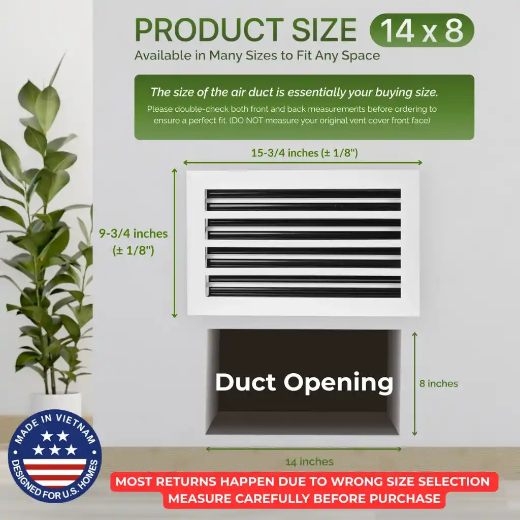 air duct with dimensions and aluminum white linear slot diffuser 14x8 size information on a light gray background