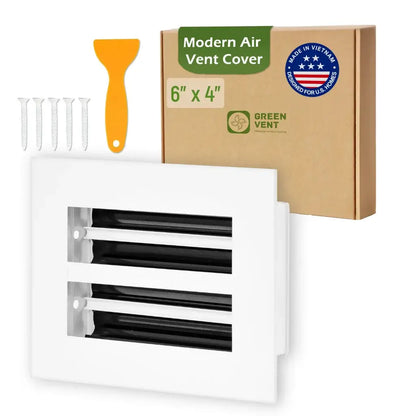 aluminum white linear slot diffuser 6x4 with packaging labeled 'Modern Air Vent Cover' on a white background