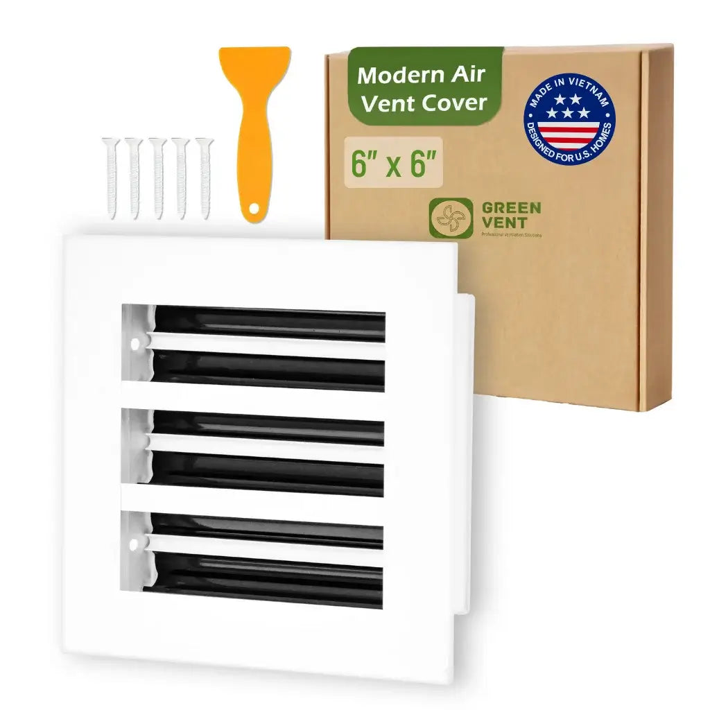 aluminum white linear slot diffuser 6x6 with packaging labeled 'Modern Air Vent Cover' on a white background