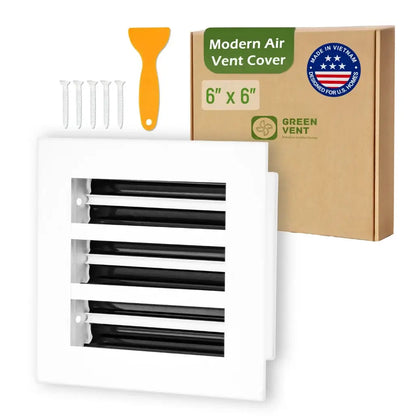 aluminum white linear slot diffuser 6x6 with packaging labeled 'Modern Air Vent Cover' on a white background