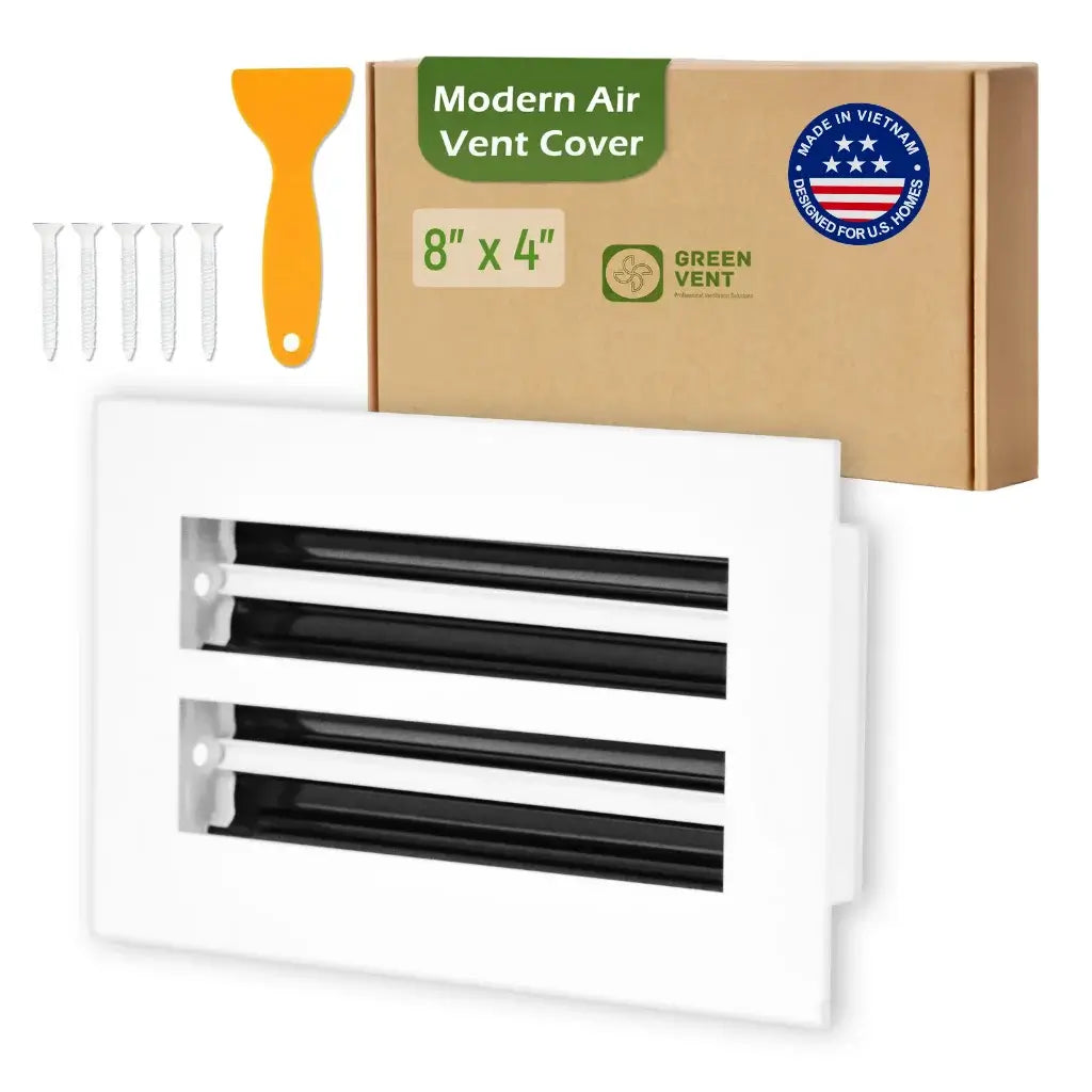 aluminum white linear slot diffuser 8x4 with packaging labeled 'Modern Air Vent Cover' on a white background