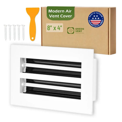 aluminum white linear slot diffuser 8x4 with packaging labeled 'Modern Air Vent Cover' on a white background