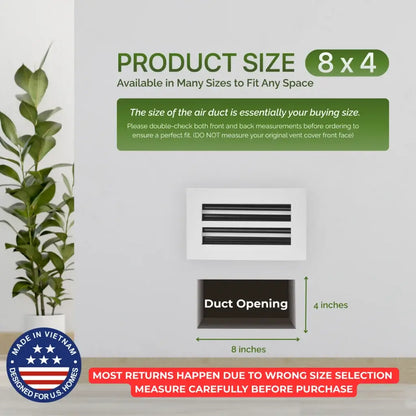 air duct with dimensions and aluminum white linear slot diffuser 8x4 size information on a light gray background