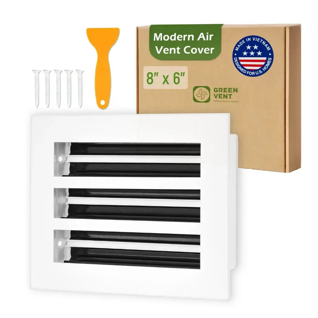 aluminum white linear slot diffuser 8x6 with packaging labeled 'Modern Air Vent Cover' on a white background