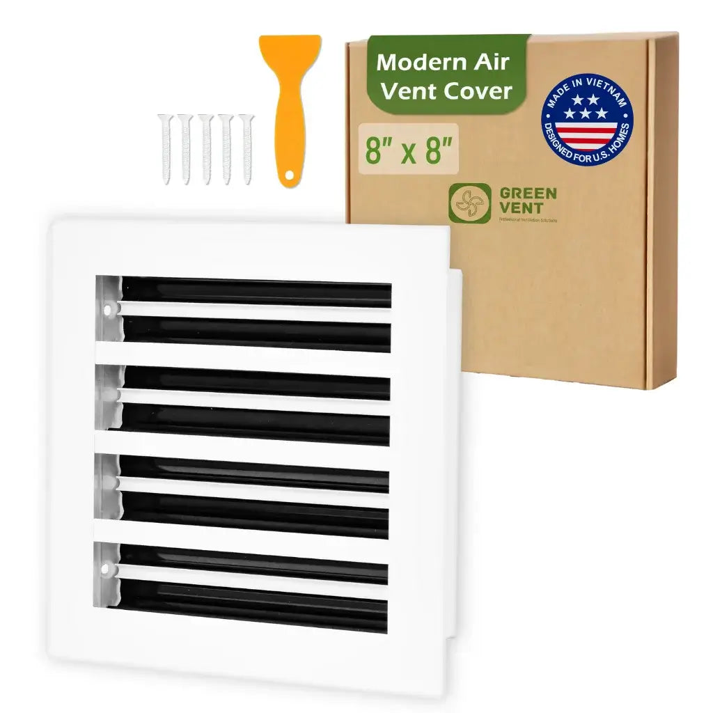 aluminum white linear slot diffuser 8x8 with packaging labeled 'Modern Air Vent Cover' on a white background