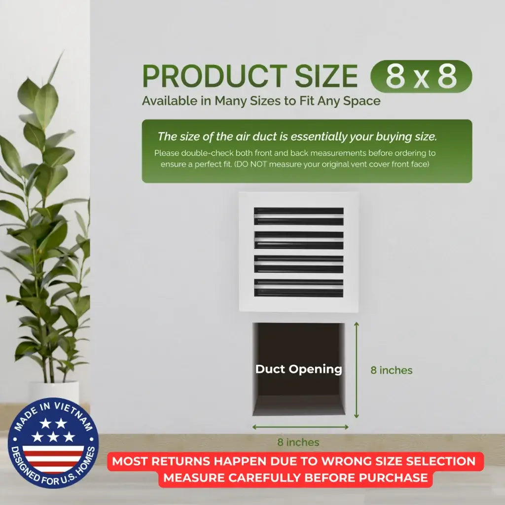 air duct with dimensions and aluminum white linear slot diffuser 8x8 size information on a light gray background