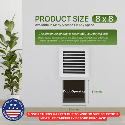 air duct with dimensions and aluminum white linear slot diffuser 8x8 size information on a light gray background