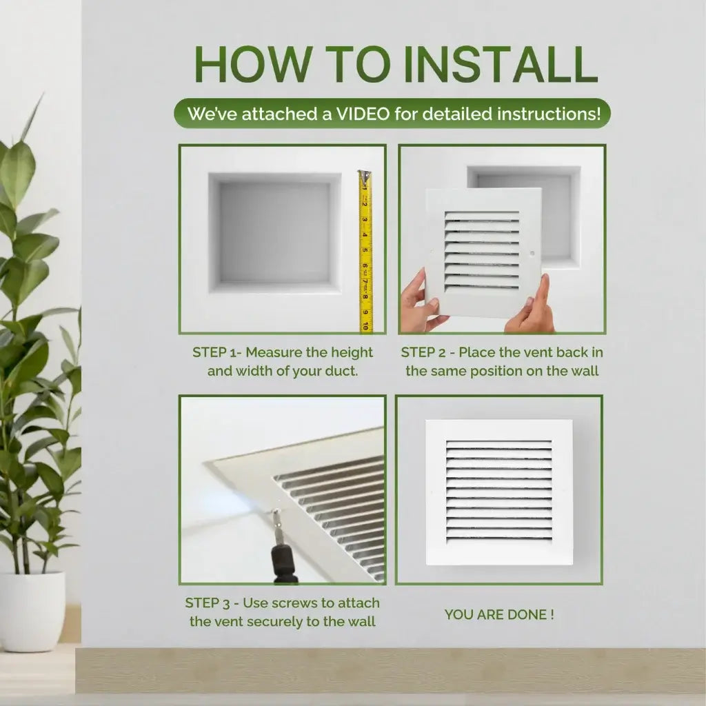 Installation guide for a wall-mounted modern air return grille with steps and measurements.