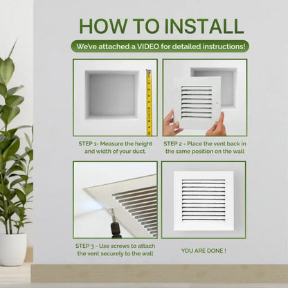Installation guide for a wall-mounted modern air return grille with steps and measurements.