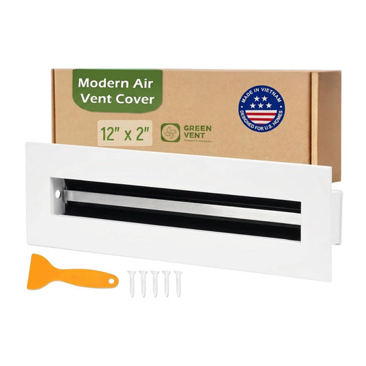 White modern air vent cover shown with its brown cardboard packaging box, an orange removal tool, and five mounting screws on a clean white background.