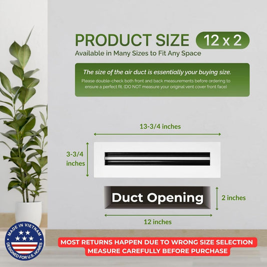 Product size diagram for a 12 x 2 inch air duct fitting, showing the white rectangular duct opening with green dimension lines and text indicating 13-3/4 by 3-3/4 inches and a 2-inch depth. Includes a plant, wall background, and a 'Made in Vietnam' badge.