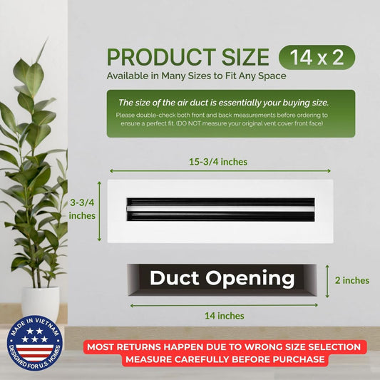 Product size diagram for a 14 x 2 inch duct opening kit, showing a white rectangular vent cover with a black rectangular duct opening, labeled dimensions of 15-3/4 inches, 3-3/4 inches, and 2 inches. Includes text about product size availability and a 'Made in Vietnam' badge.