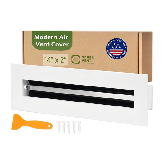 White modern air vent cover shown with its brown cardboard packaging box, an orange removal tool, and five mounting screws on a clean white background.
