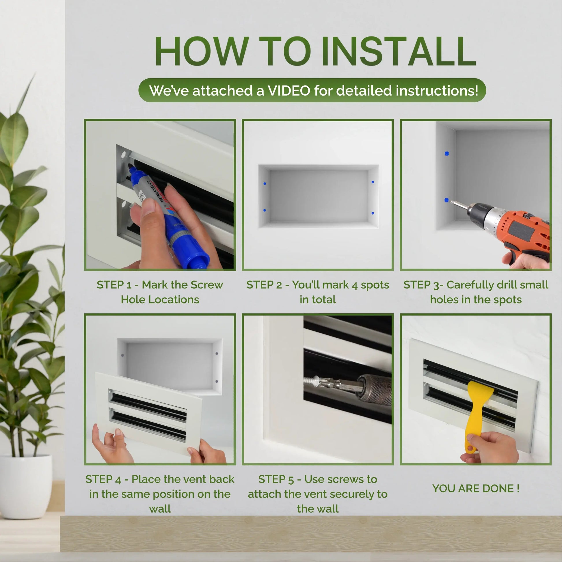 Step-by-step installation guide for a wall-mounted aluminum linear slot diffuser 14x6 with on-screen text and image attachment.