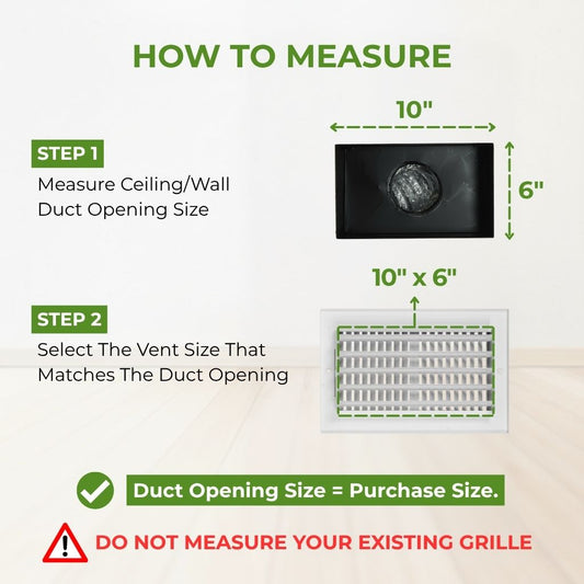 Instructions on how to measure a ceiling or wall duct opening for a vent, with measurements and a visual example.