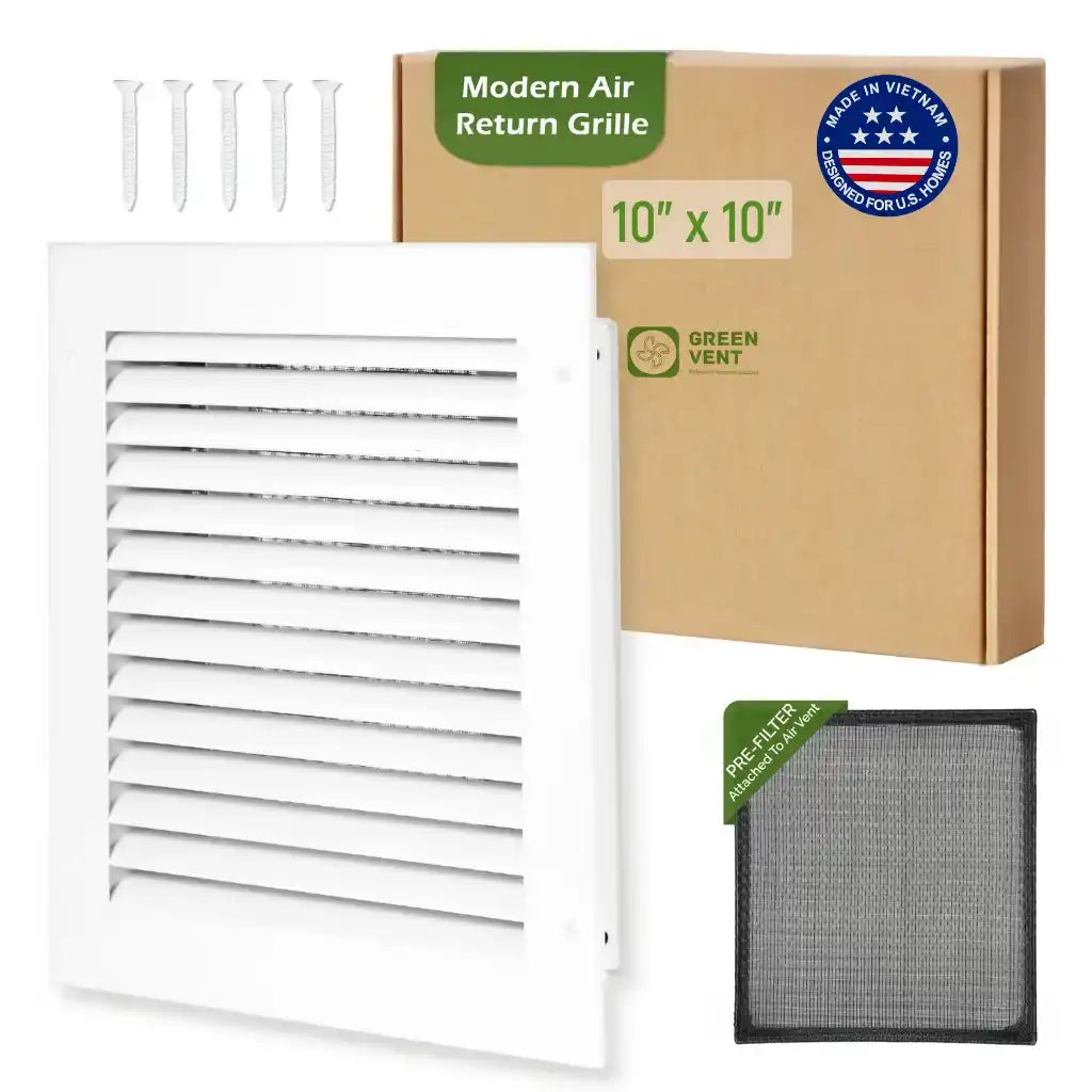 Modern Air Return Grille 10x10 with packaging and filter on a white background