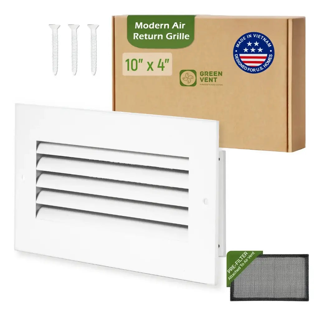 Modern Air Return Grille 10x4 with packaging and filter on a white background