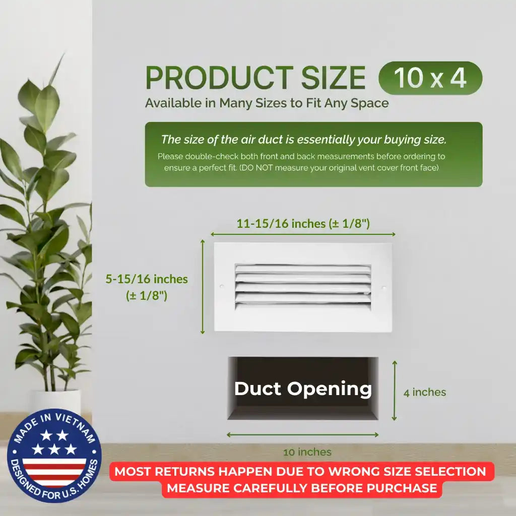 Modern Air Return Grille 10x4 with dimensions and product size information on a white wall.