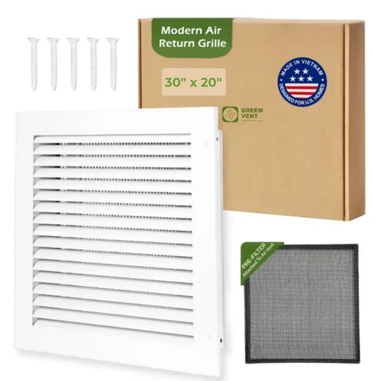 30x20 White Aluminum Modern Air Return Grille with Washable Filter (Duct Opening)