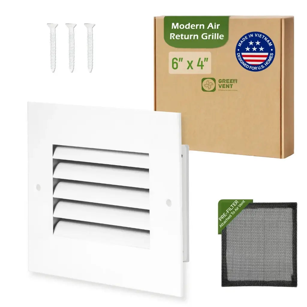 Modern Air Return Grille 6x4 with packaging and filter on a white background