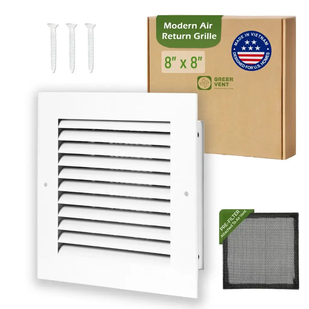 Modern Air Return Grille 8x8 with packaging and filter on a white background