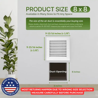 Modern Air Return Grille 8x8 with dimensions and product size information on a white wall.