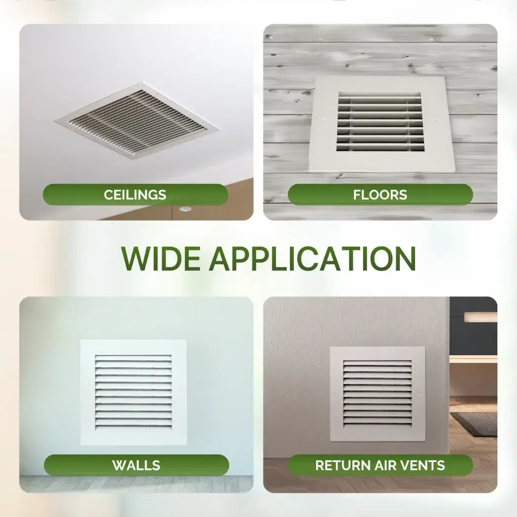 modern air return grille installation examples on ceilings, floors, walls, and return air vents with 'Wide Application' text.