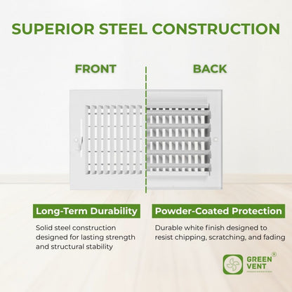 Ventilation grille with 'Superior Steel Construction' text and Green Vent logo.