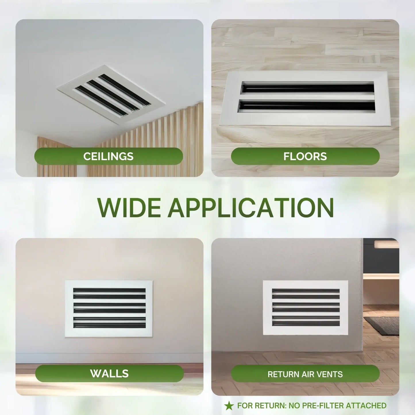 aluminum linear slot diffuser 14x6 for ceilings, floors, walls, and return air vents with text indicating their application.