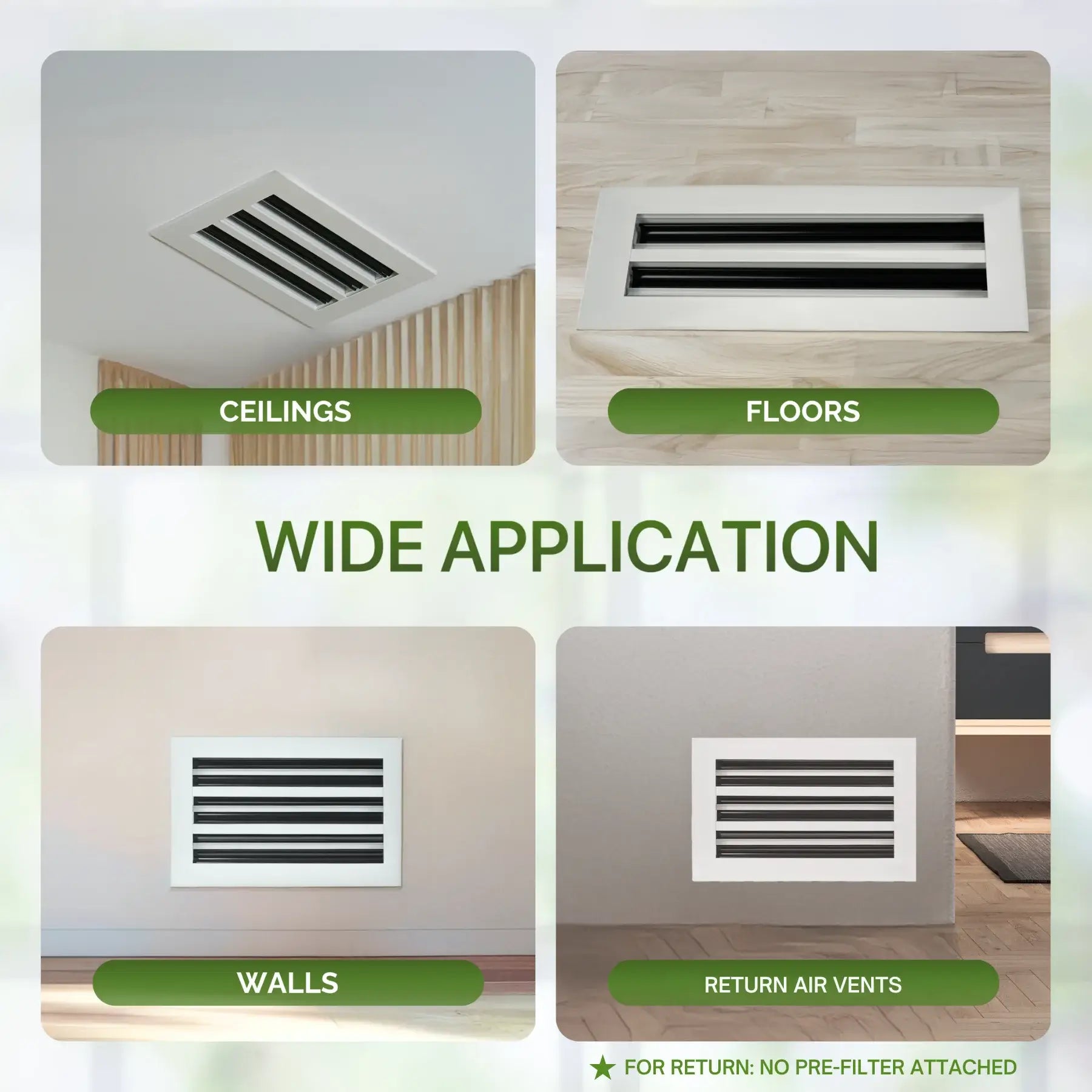aluminum linear slot diffuser 14x6 for ceilings, floors, walls, and return air vents with text indicating their application.