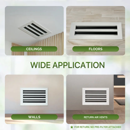 aluminum linear slot diffuser 14x6 for ceilings, floors, walls, and return air vents with text indicating their application.