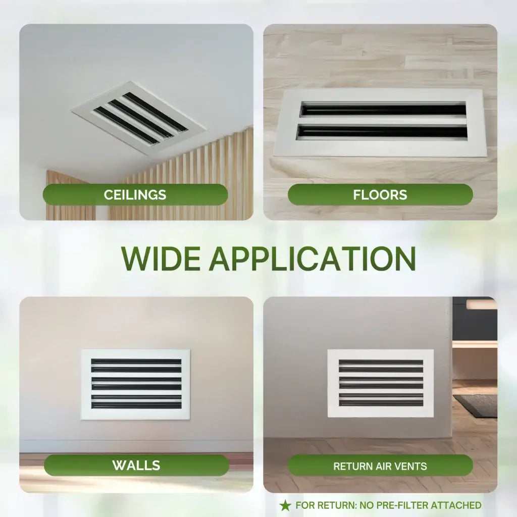 aluminum linear slot diffuser for ceilings, floors, walls, and return air vents with text indicating their application.